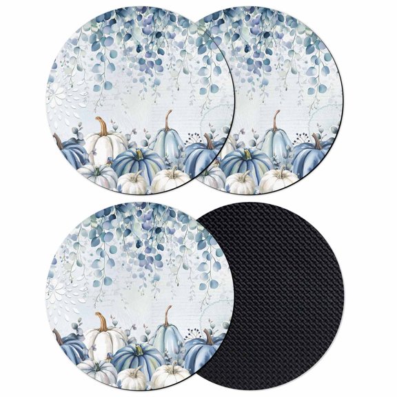 Blue Pumpkin Fall Coasters Set of 4, Absorbent Coasters for Drinks, Thanksgiving Watercolor Eucalyptus Leaves Coaster for Desk Coffee Table Protection, Home Decor House Warming Gifts 4"