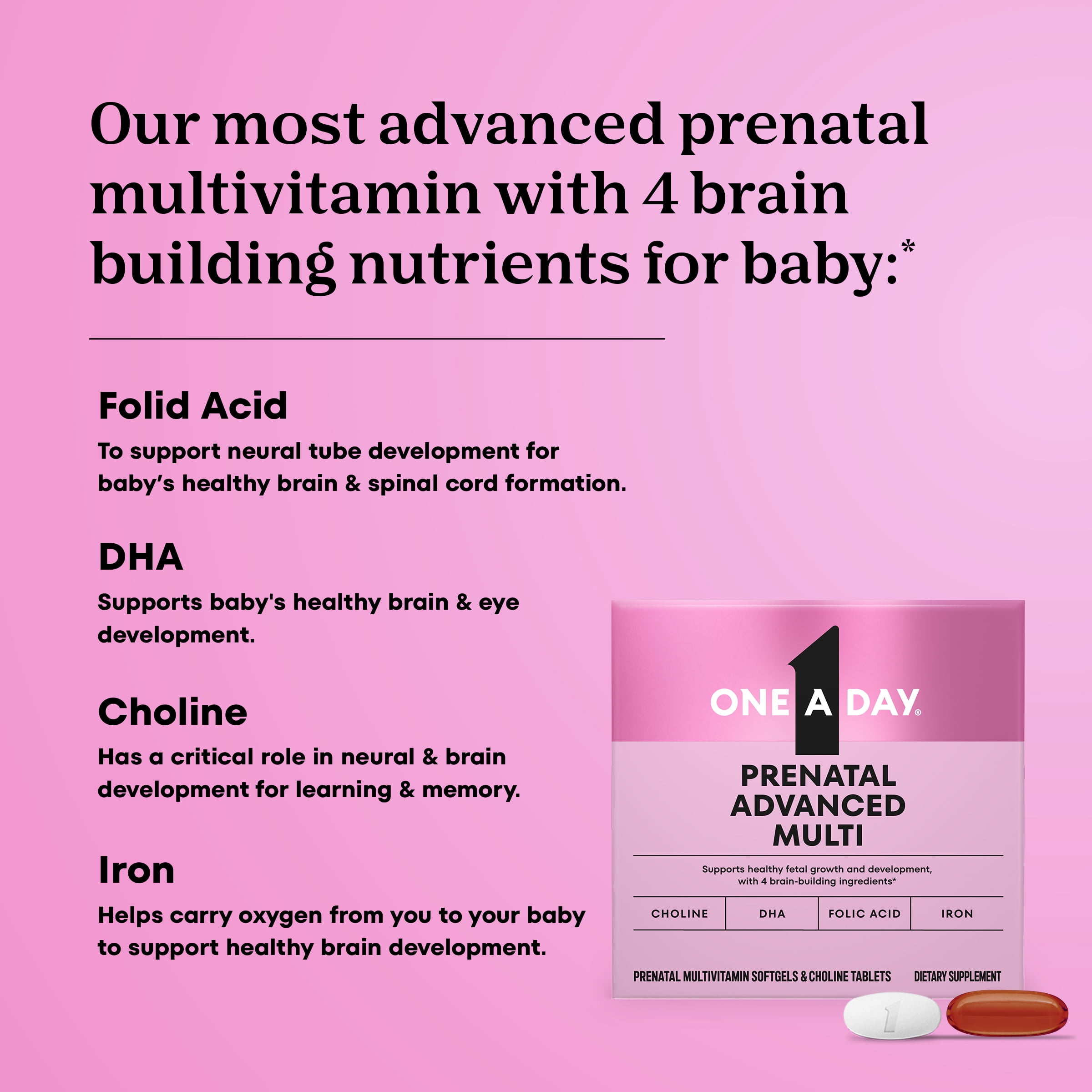 One A Day Prenatal Advanced, Prenatal Vitamins with Folic Acid, Pregnancy Vitamins for Women, 30+30 Count