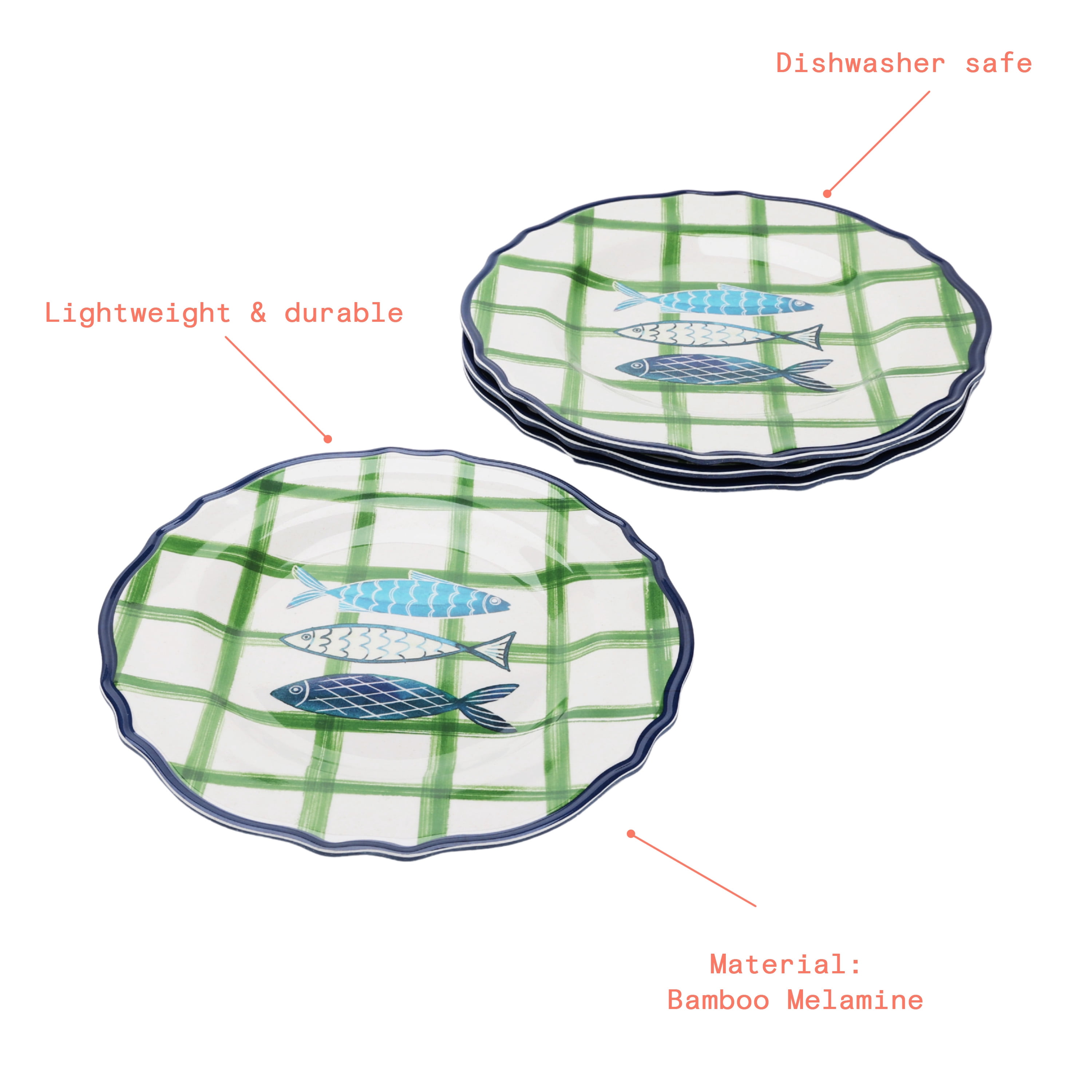 Beautiful 4-Piece 9-Inch Bamboo Melamine Sardine Salad Plate Set