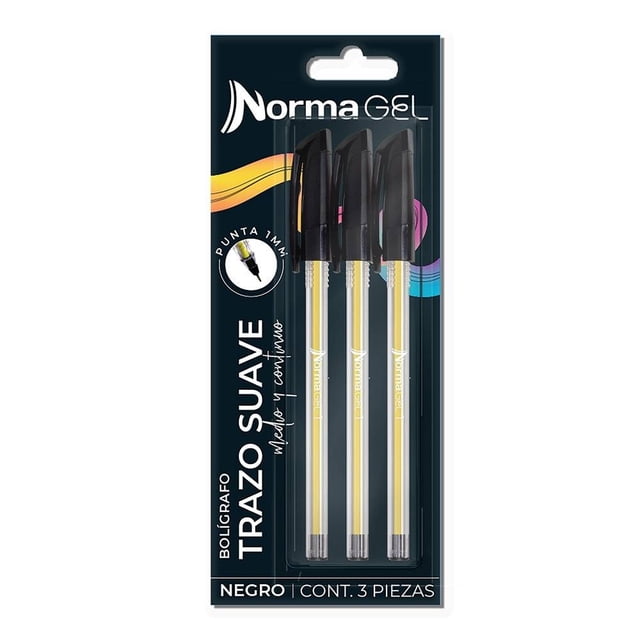 Bolígrafo Norma Blister Color Negro 1 mm 3 Piezas con tinta gel para trazo suave y continuo, cuerpo transparente y tapa negra con clip, ideal para papelería básica, regreso a clases y uso diario en oficina.