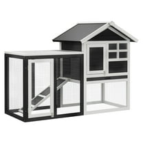 Wooden Rabbit Hutch Bunny Cage with Asphalt Roof & Run - Indoor Outdoor Bunny House - Grey - Removable Tray & Ramp