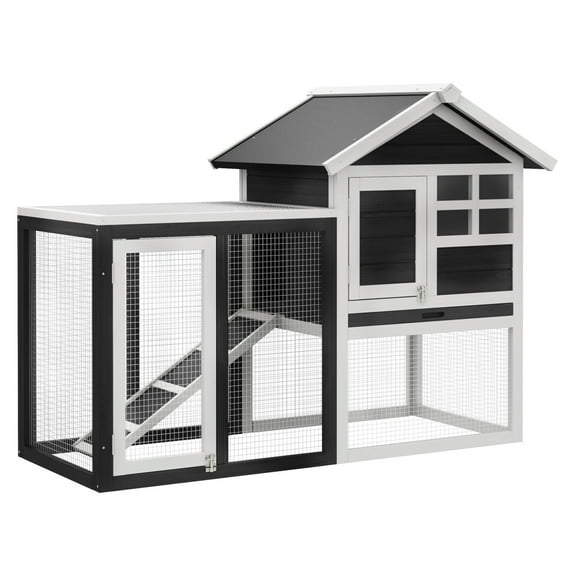 Wooden Rabbit Hutch Bunny Cage with Asphalt Roof & Run - Indoor Outdoor Bunny House - Grey - Removable Tray & Ramp