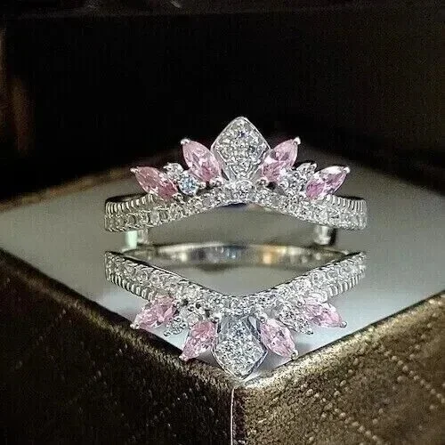 2Ct Marquise Cut Simulated Diamond Pink Sapphire Wedding Enhancer Ring 14K White Gold Plated 925 Silver For Her