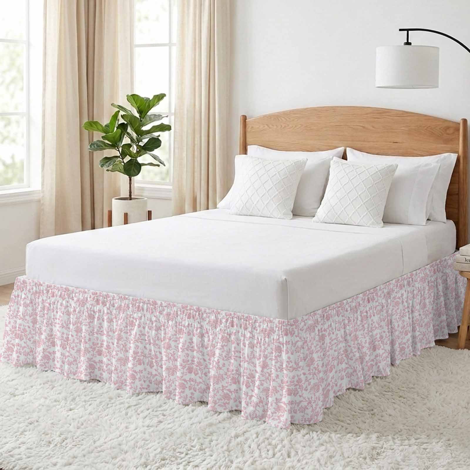 Bed Skirt Light Pink Floral Paisley Adjustable Elastic Wrap-Around Dust Ruffle with Boho Leaf Vintage Farmhouse Linen 16 Inch Drop, Bed Frame Cover for Queen Size Bed
