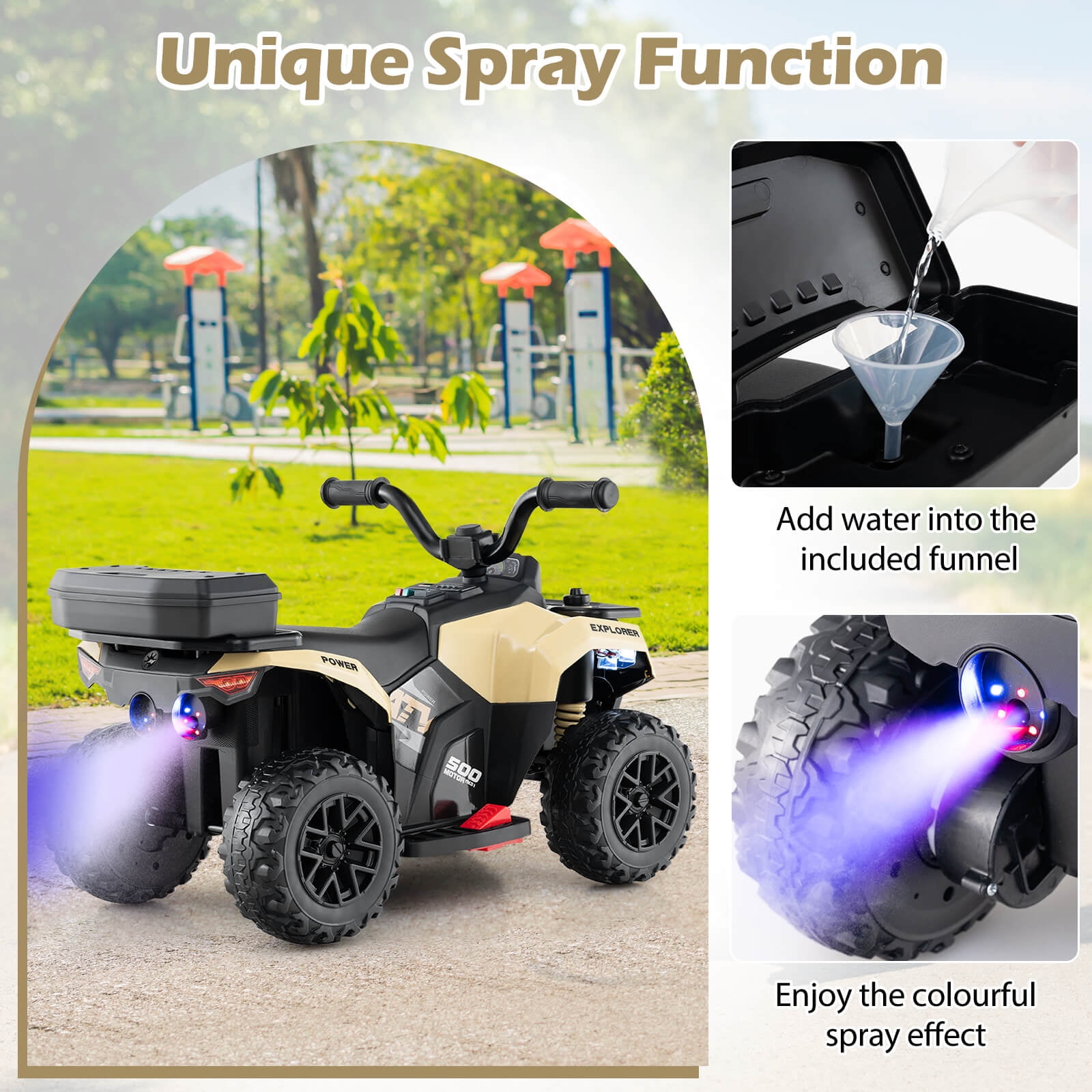 Infans 6V Kids Ride On ATV w/ Music & Spray Function USB Port Storage Box Toy Car