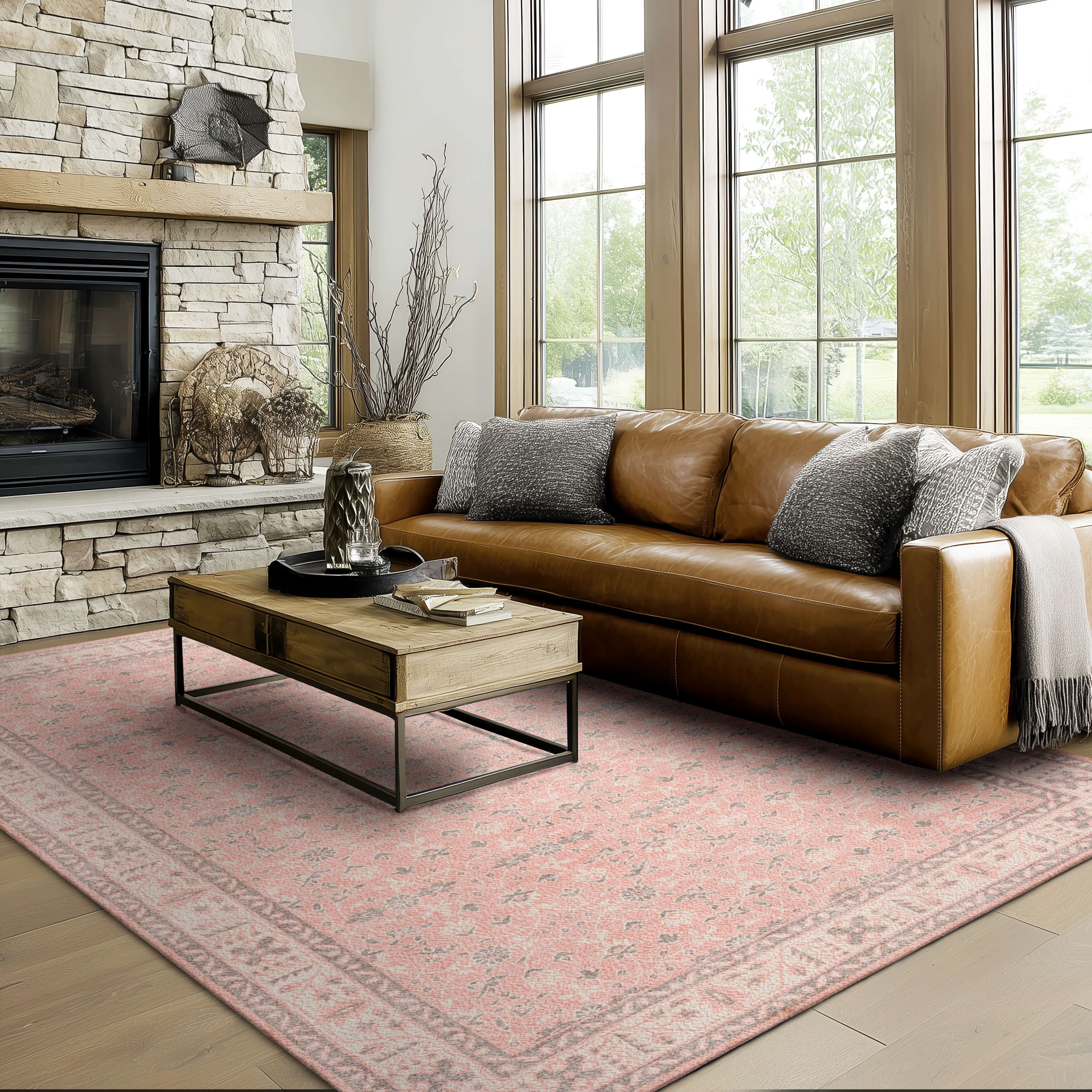 Mainstays Zula Jardin Low Pile Stain/Fade Resistant Polyester Indoor Area Rug, Pink, 8' x 10'