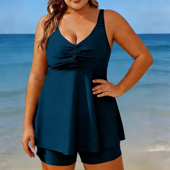 Sokhug Womens Plus Size Solid Color Tankini Set Waist Control Design Two Piece Swimsuit With Built in Bra