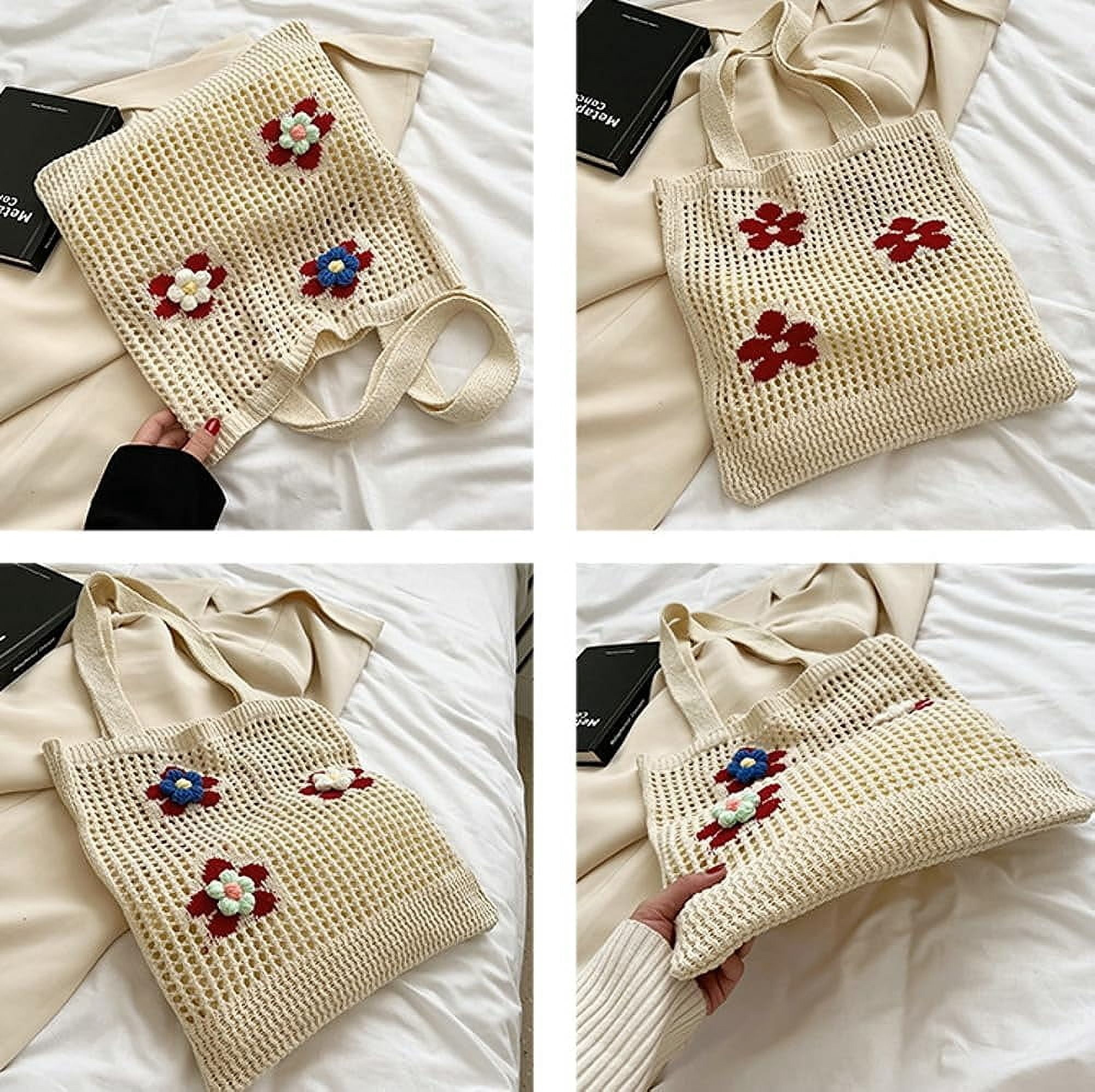Kukuzhu Women Handmade Crochet Tote Bag Y2k Purse Cute Aesthetic Shoulder Bag Knitted Hobo Bag Mesh Beach Bag