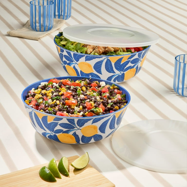 Mainstays Bamboo Melamine 4-Piece Serve Bowl Set - Lemon & Blue