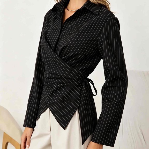 ClodeEU Women Collared Long Sleeve Wrap Cross Waist Slim Blouse,Casual Office Blouse Black,Women's Plus L