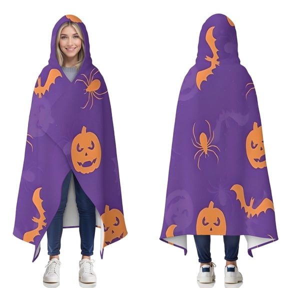 Wearable Blanket,Purple Halloween Pumpkins Bats and Spiders Hooded Wearable Flannel Blanket for Adults & Teens,Winter Poncho Shawl Wrap Cape Cozy Anti-Pill,50"x60"
