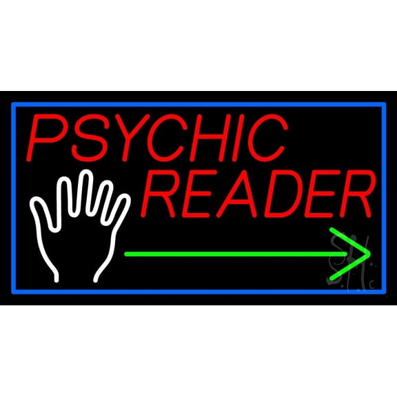 Red Psychic Reader With Green Arrow Palm LED Neon Sign 13" Tall x 24" Wide - inches Black Square Cut Acrylic Backing, with Dimmer - Bright and Premium built indoor LED Neon Sign for Storefront.