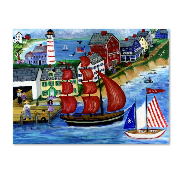 Trademark Fine Art 'Red Sails Folk Art Seaside' Canvas Art by Cheryl Bartley