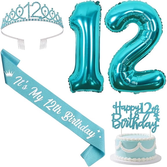 Teal 12th Birthday Decorations with Birthday Sash and Tiara, Happy 12th Birthday Cake Topper, Number 12 Balloons, 12 Year Old Bday Party Supplies for Girls