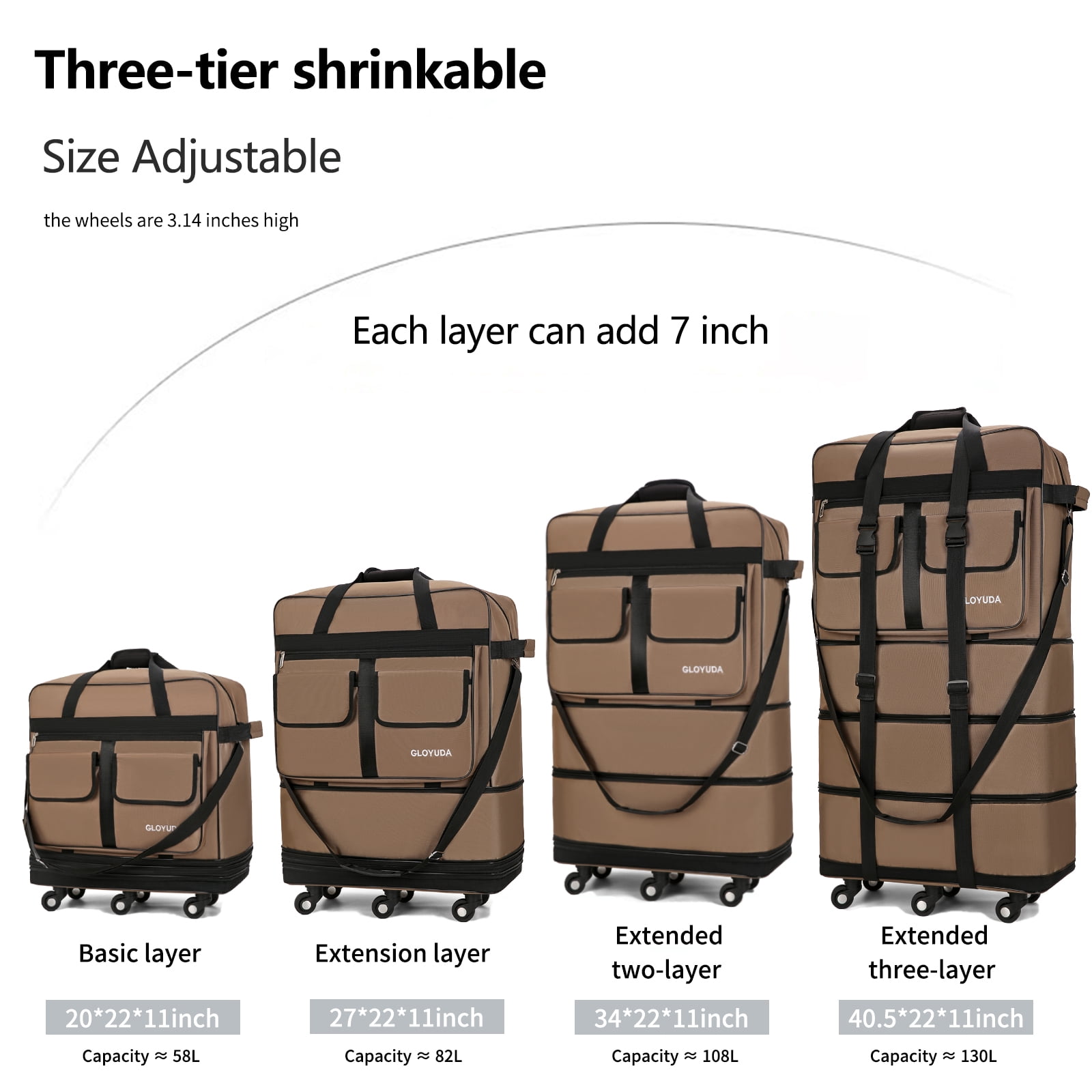 Gloyuda 130L rolling bag, 40 inch Duffle bag with wheels, Rolling tote bags with wheels, Collapsible Luggage, travel bag with wheels and handle, roller bag with 2 Fixing Straps and 1 Shoulder Strap
