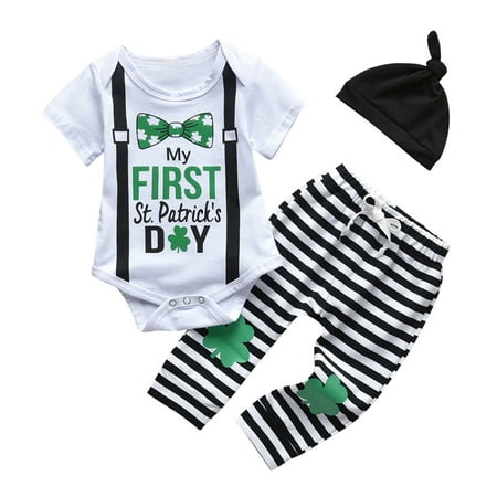 

Qufokar ening Outfit Boys Kids Tracksuit Baby Boys Clothes Short Sleeve Round Neck Letter Romper Stripe Pants Solid Color Hat 3Pcs Cotton Set Outfits