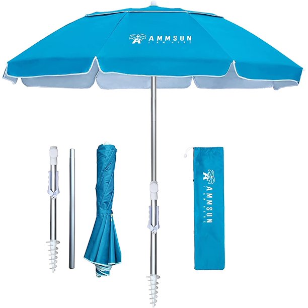 AMMSUN 6.5ft twice folded compact Portable beach umbrella with sand anchor windproof, Fits in a