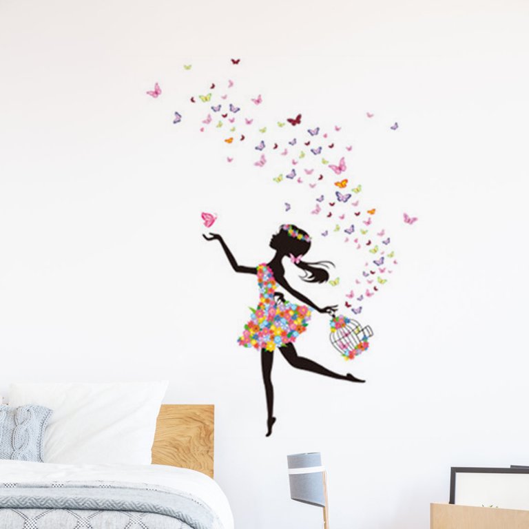 WALL STICKER FAIRY GIRL DECAL BUTTERFLY FLOWER VINYL MURAL HOME KIDS ROOM  DECOR