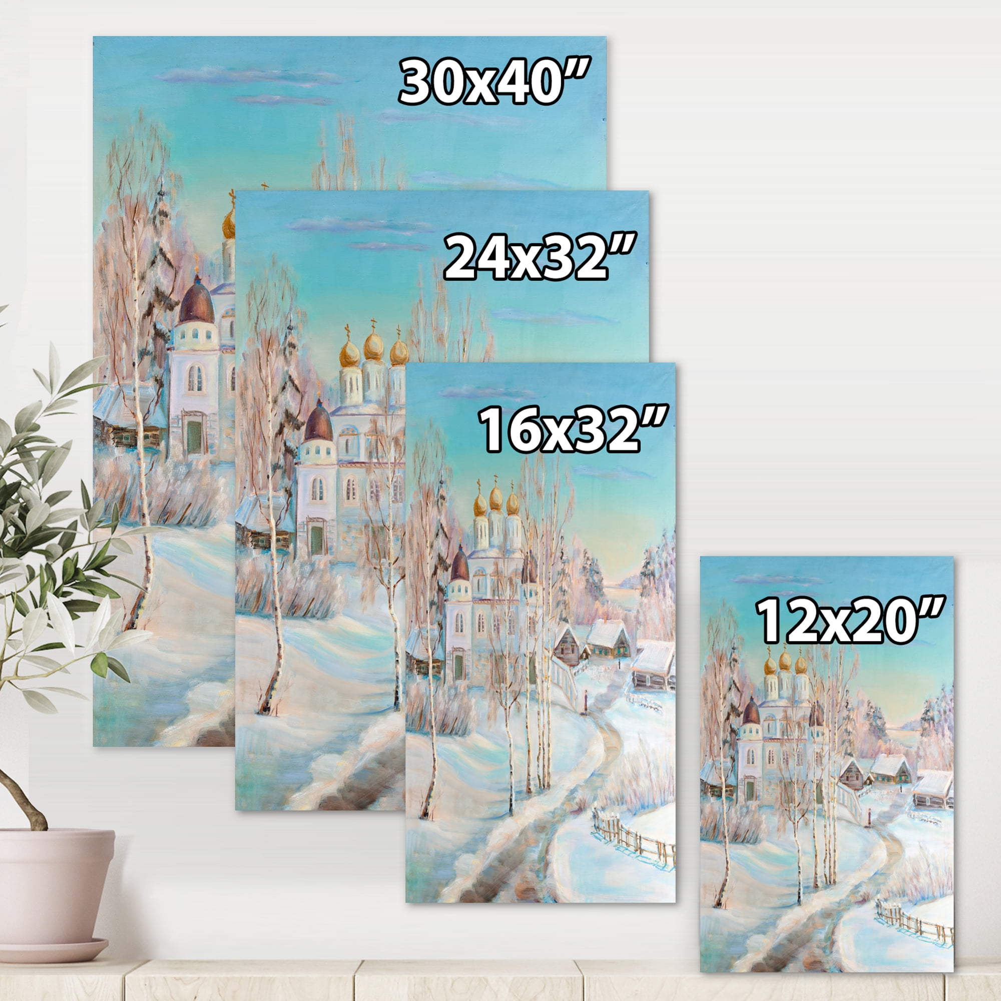 Temple Over Country Road In Winter Landscape 16 in x 32 in Painting Canvas Art Print, by Designart