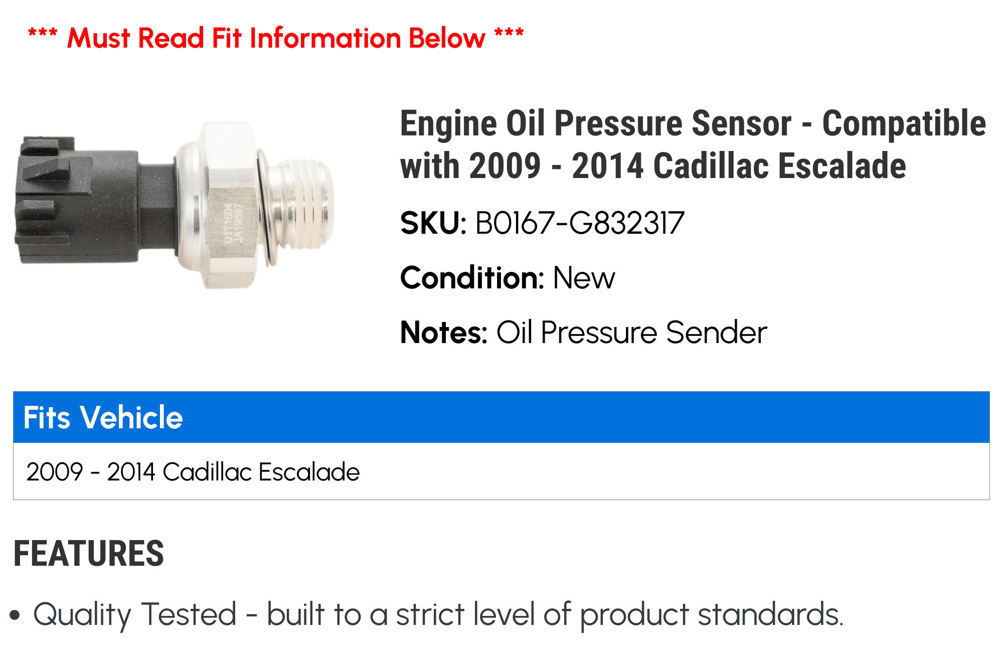 Engine Oil Pressure Sensor - Compatible with 2009 - 2014 Cadillac Escalade 2010 2011 2012 2013