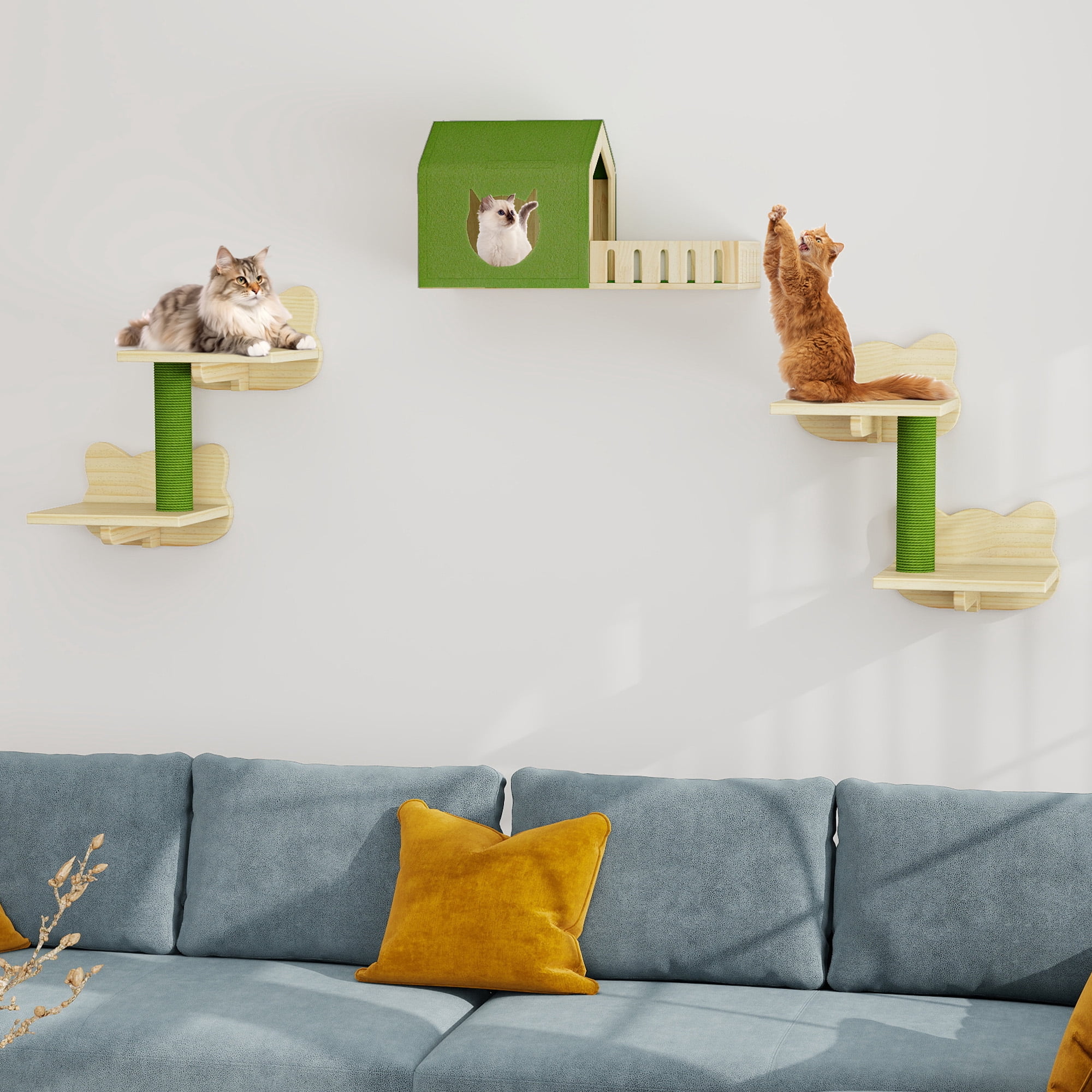 Uforic Cat Wall Shelves and Perches, Wooden Wall-Mounted Cat Furniture Set of 8 with House, 4 Perches, 2 Sisal Posts & Pom-Pom Toy for Indoor, Green & Wood