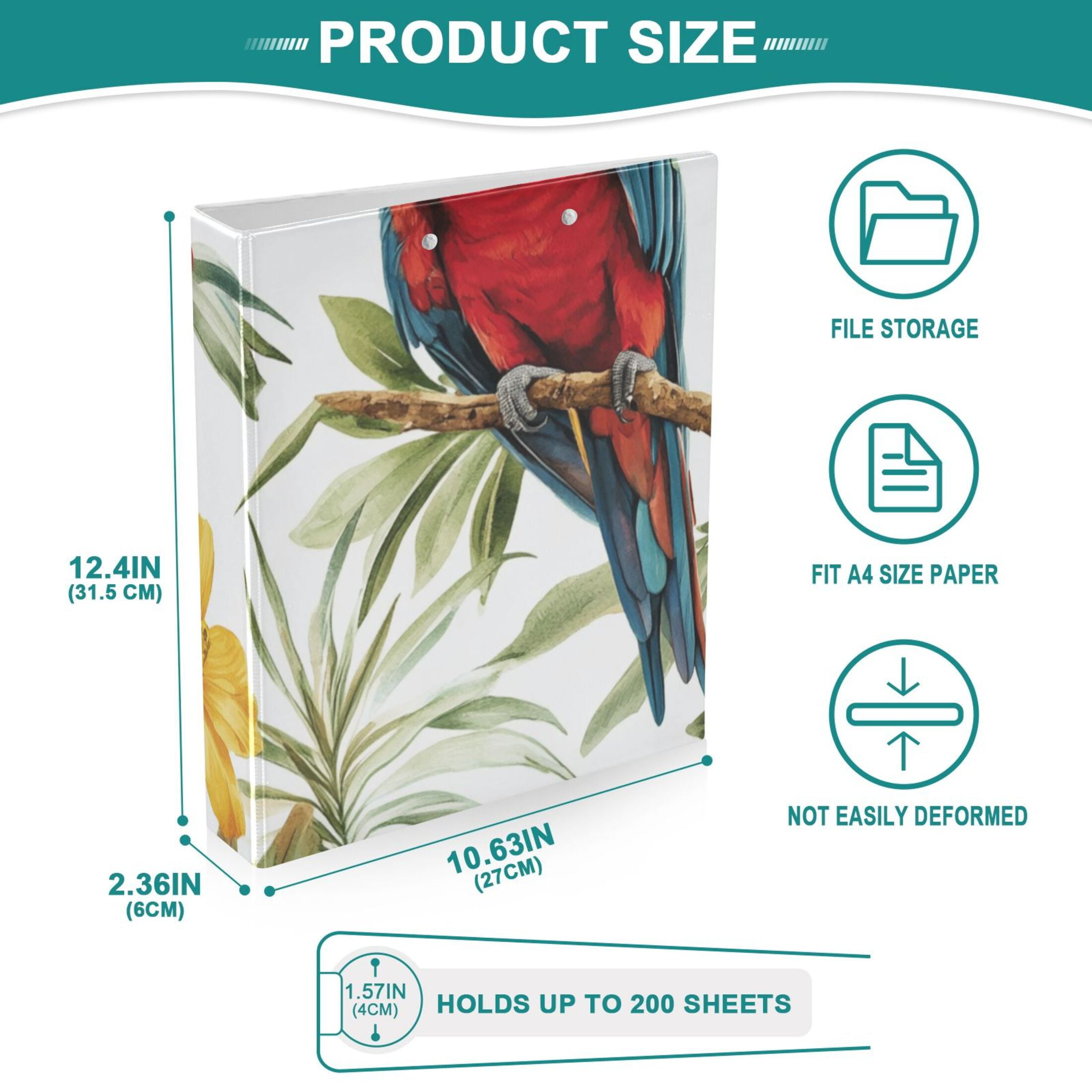 Parrots in Leaves 3 Ring Binders 1.5 inch Hardcover File Folders with Interior Pockets A4 Size Organizer for School Office Hospital