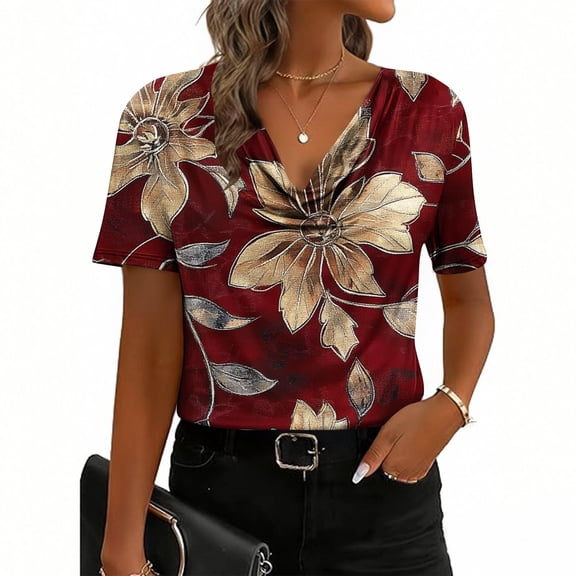 Jsaierl Tops for Women Short Sleeve Summer Elegant Shirts Round Neck Flowy Ladies Blouses Trendy Graphic T Shirts Top S-2XL