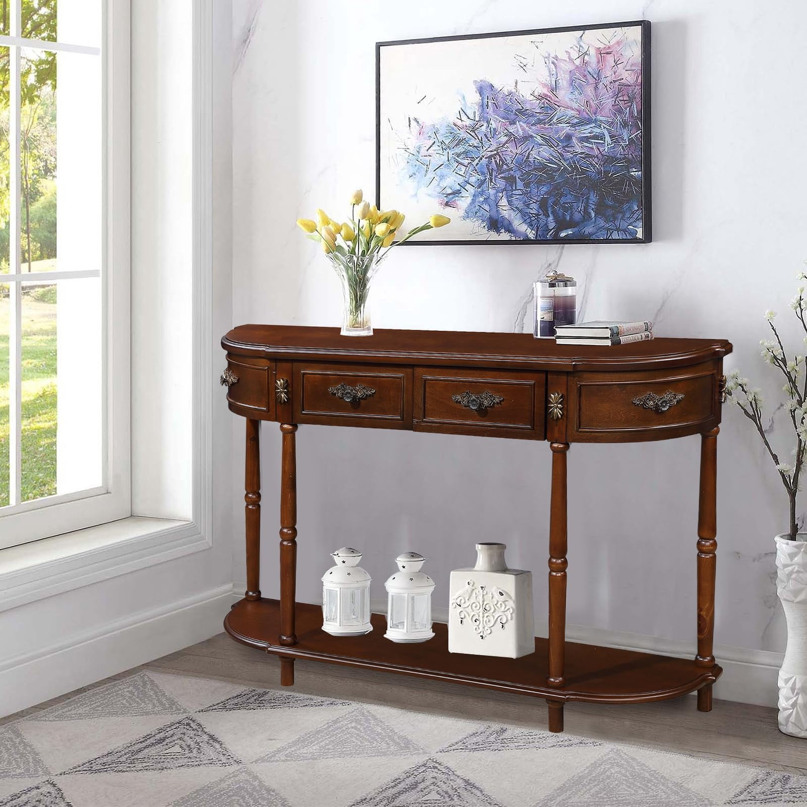 52" Retro Half Moon Console Table - Curved Wood Sofa Table with 2 Drawers & Open Shelf for Entryway, Living Room & Hallway in Cherry
