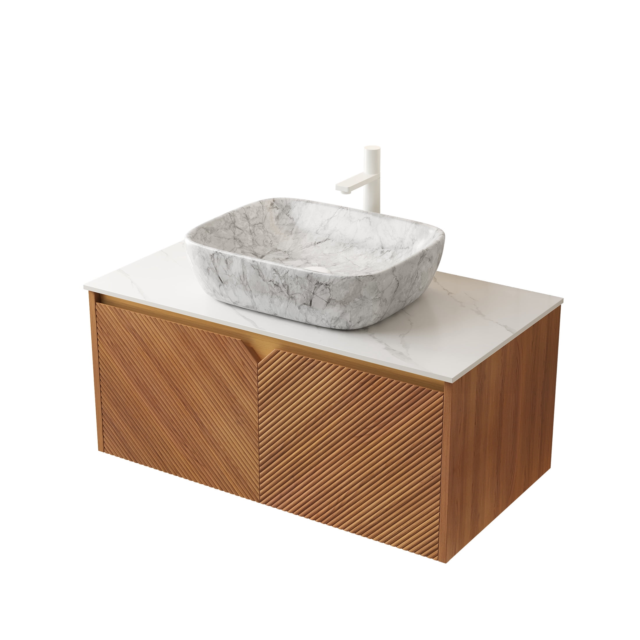 Noble House RUBEN 36" Floating Bathroom Vanity, Sintered Stone Top Cabinet with Gray Stone Ceramic Vessel Sink, Oak