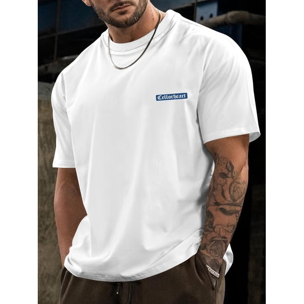 Camiseta de manga corta con cuello redondo y estampado geométrico azul sencillo con la letra "Ellorheart" para hombre. Camiseta informal, cómoda y ligera para adultos, hombres, mujeres, adolescentes y