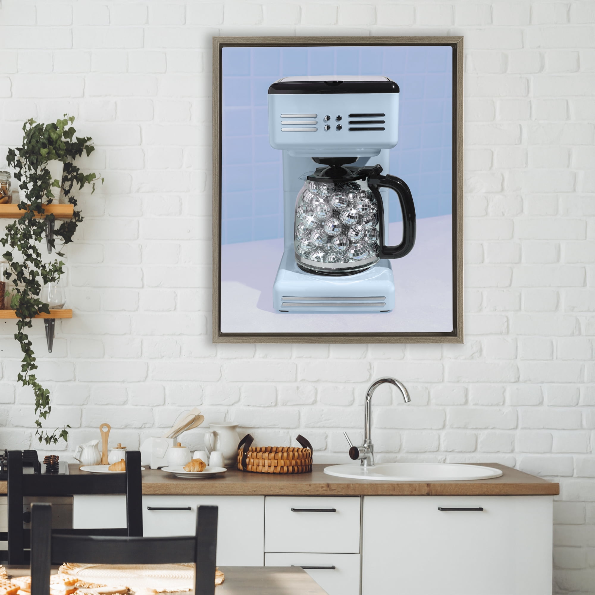 Stupell Industries Disco Coffee Maker over Blue Brown Framed Floater Canvas Wall Art, design by LISH Creative