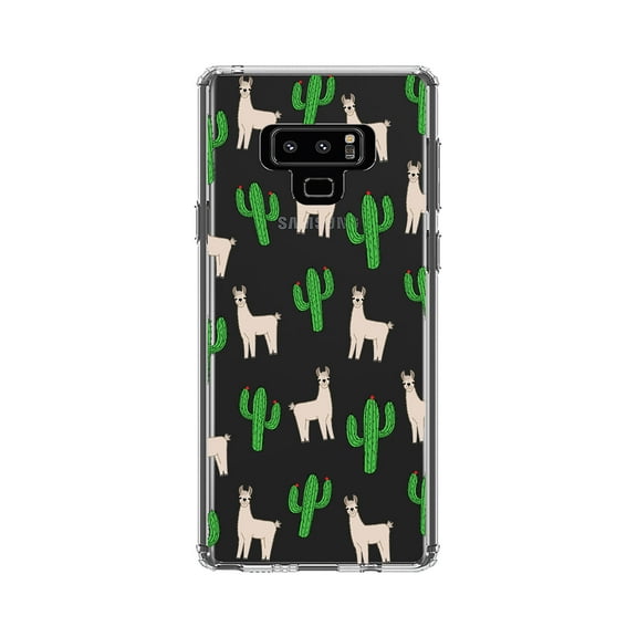 DistinctInk Clear Shockproof Hybrid Case for Samsung Galaxy Note 9 - TPU Bumper, Acrylic Back, Tempered Glass Screen Protector - Llamas and Cacti Cactus