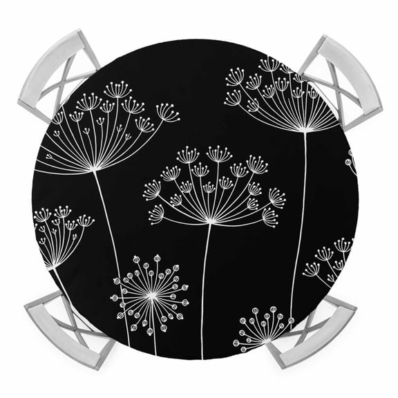 Elastic Fitted Round Tablecloth, Black Dandelion Waterproof Stretch Table Cover for 36"-44" Tables, Spring Modern Minimalist Country Flower Washable Outdoor Tablecloths for Patio, Picnic, Camping