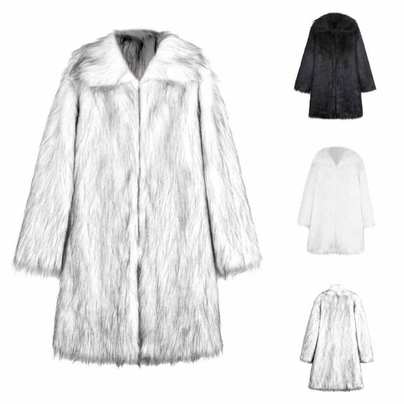 Lovskoo Mens Winter Coats Faux Fur Jacket Thick Warm Open Front Cardigan Style Long Sleeve Solid Color Turn Down Collar Coat Silver