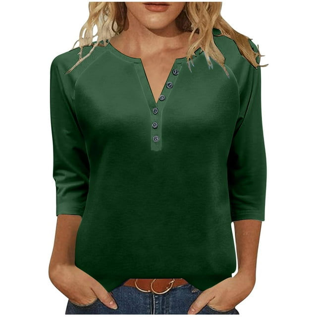 Chbgutlmr 3/4 Length Sleeve Womens Tops Notched V Neck Button Dressy Casual Solid Color Raglan Blouses