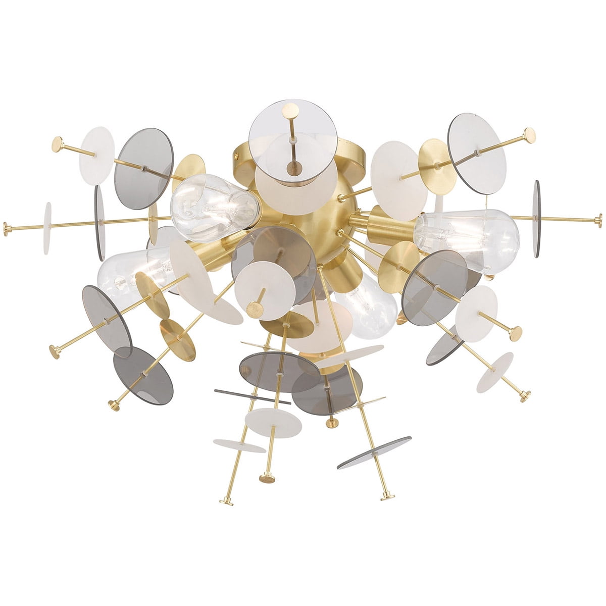 4 Light Satin Brass Ceiling Light fixture with Satin Brass Discs & Glass Discs Shade