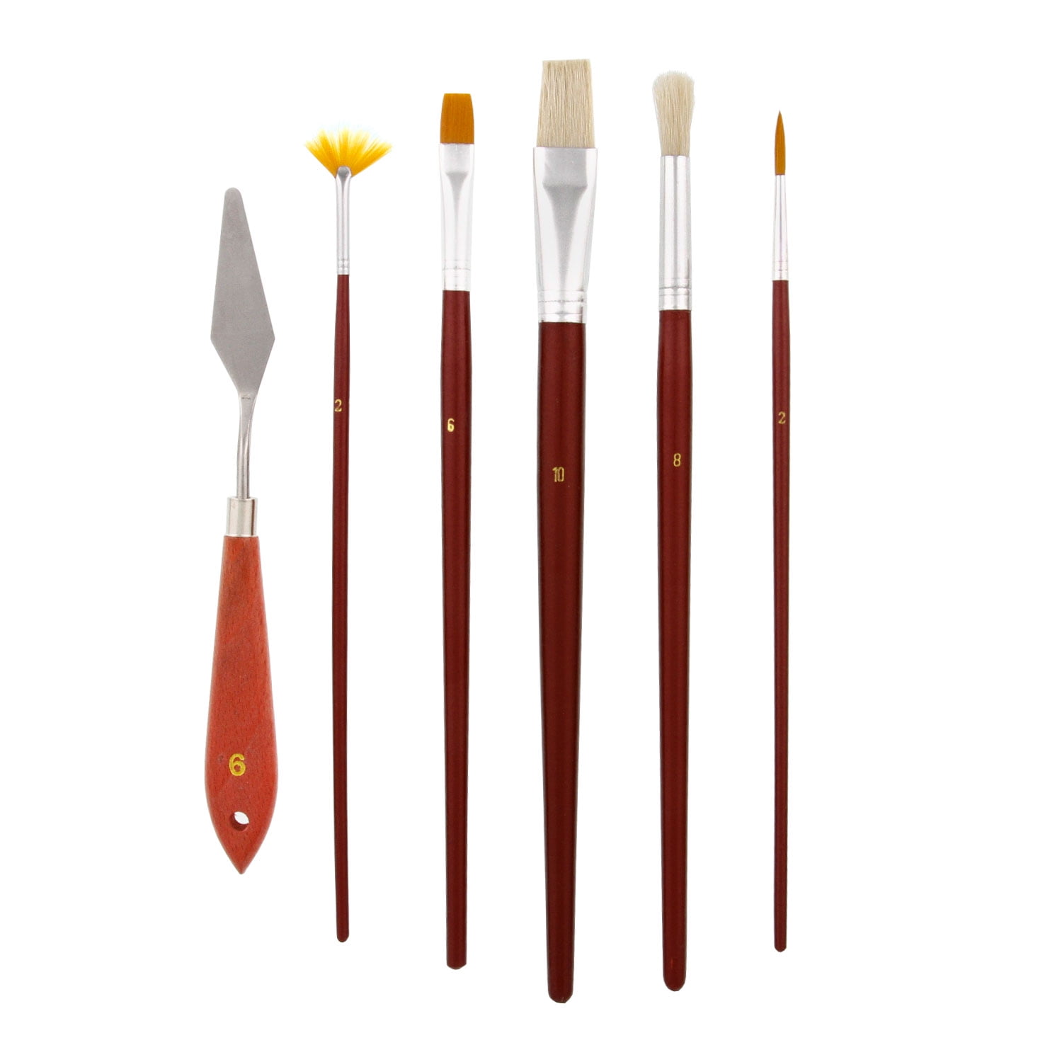 US Art Supply 6pc Short Handle Nylon Hair, Bristle Art Paint Brush, Palette Set