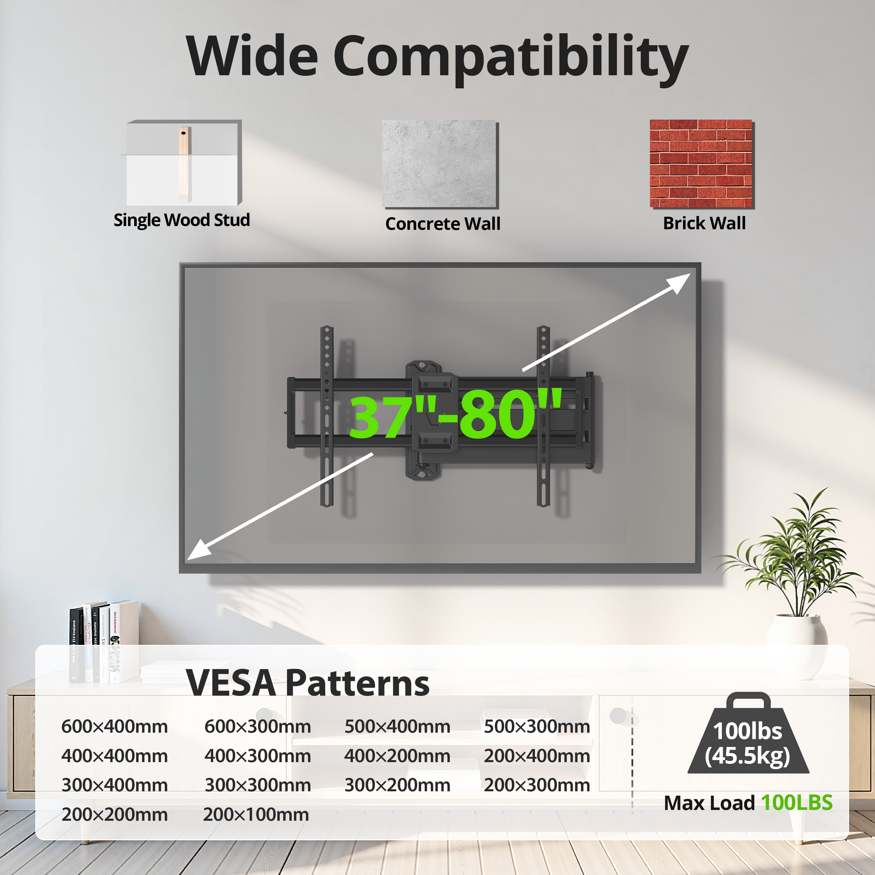 USX MOUNT Corner Full Motion TV Wall Mount for 32-80" TVs, 32.37" Extension, Swivel Tilt Arm, Max VESA 600x400mm, Holds 100 lbs