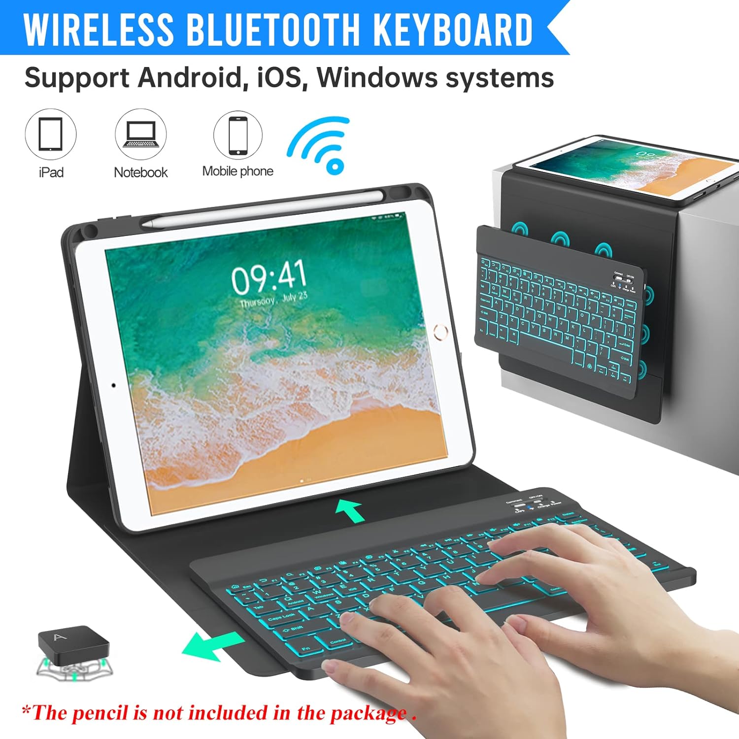 iPad 9.7 inch 5th 6th Generation Case with Keyboard, 360°Rotatable iPad Air 2 Keyboard Case with Pencil Holder(2018/2017/2014),7 Color Backlit Bluetooth Keyboard Smart Folio Tablet Cover(Black)