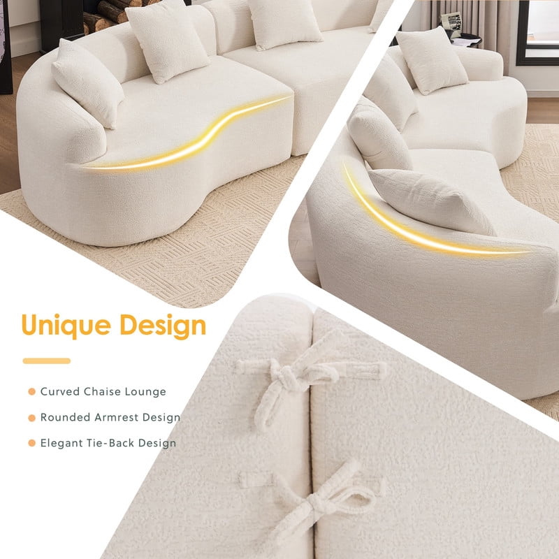 Curved Sectional Sofa with 4 Throw Pillows, Modern Luxury Chenille 4-Seater Cloud Couch with Deep Seat for Living Room, No Assembly Needed