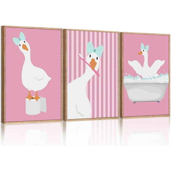 3 Pcs Silly Goose Pink Bathroom Canvas Wall Art Cute Animal Wall Decor Pictures Funny Kids Washroom Poster Prints for Family Bathroom Children Restroom Decorations Ready to Hang