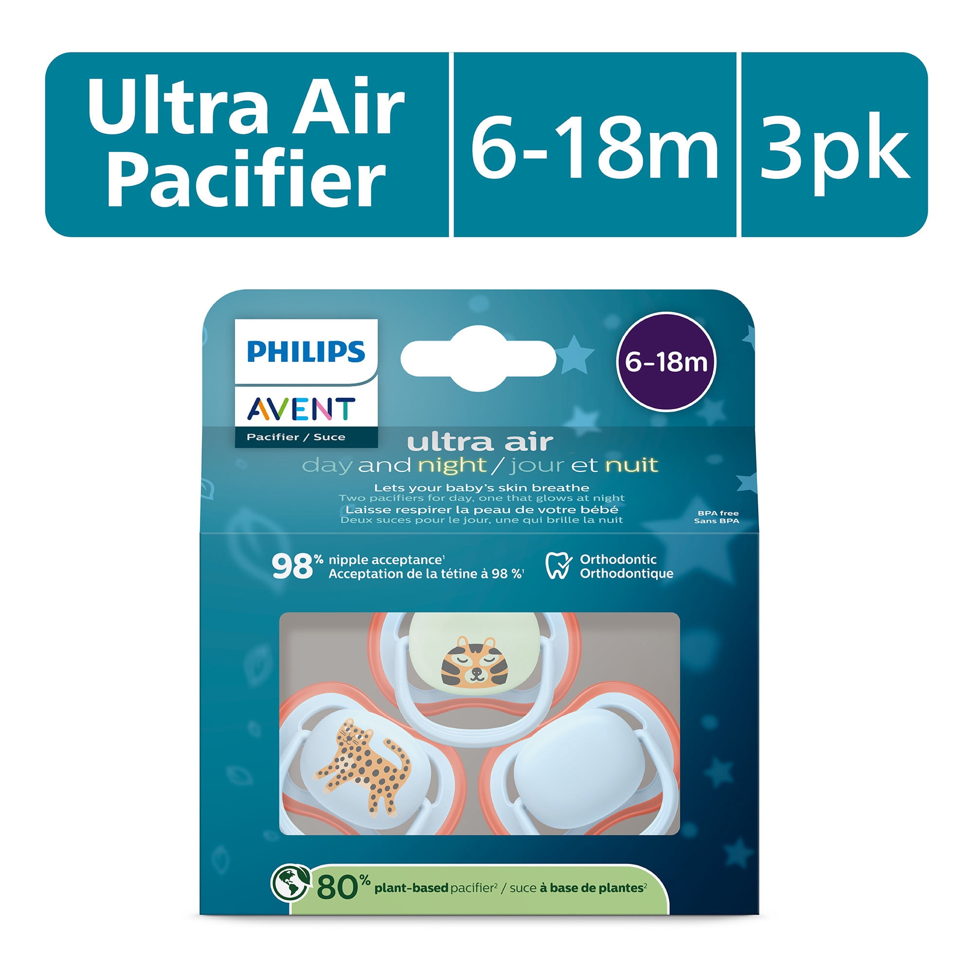 (4 pack) Philips Avent Ultra Air Pacifier 6-18M, Leopard / Sleeping Tiger, Day+Night 3 Pack, SCF087/29