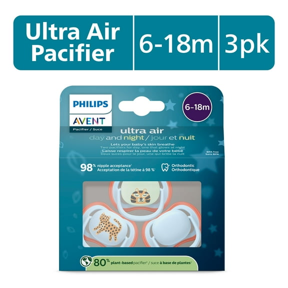 Philips Avent Ultra Air Pacifier 6-18M, Leopard / Sleeping Tiger, Day Night 3 Pack, SCF087/29