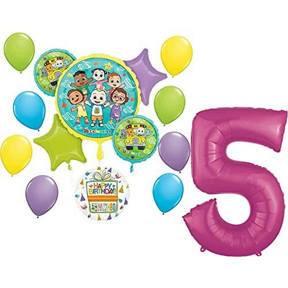 Anagram CoComelon Party Supplies 5th Birthday 15 pc Balloon Bouquet Decorations Pink Number 5