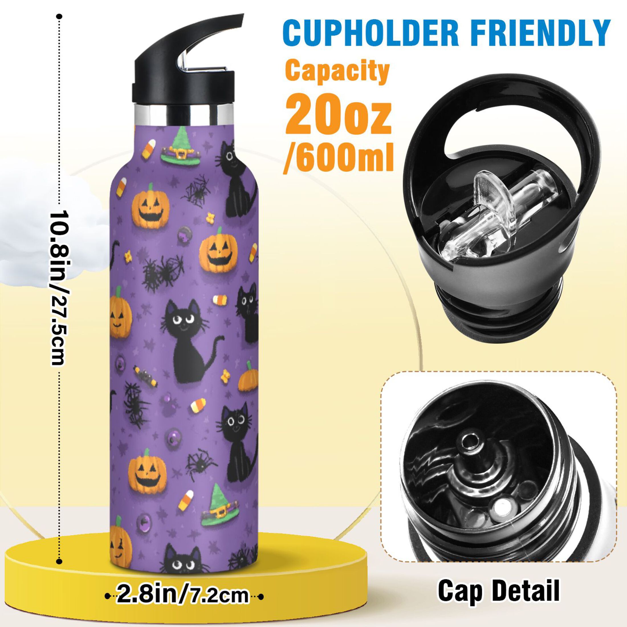 Kids Insulated Stainless Steel Sports Water Bottle 600ml (20oz) Black Cats and Pumpkins Pattern