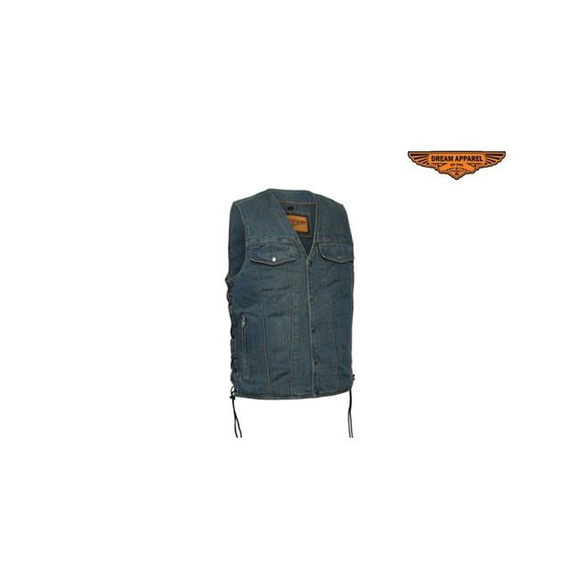 Mens Dark Blue Denim Vest Side Laces 