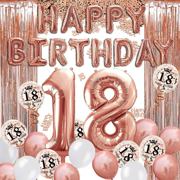 Liangnv Decoración de fiesta de cumpleaños número 18 de oro rosa, pancarta de feliz cumpleaños, globo de aluminio número 18, 2 cortinas con flecos de oro rosa, bola de confeti de l