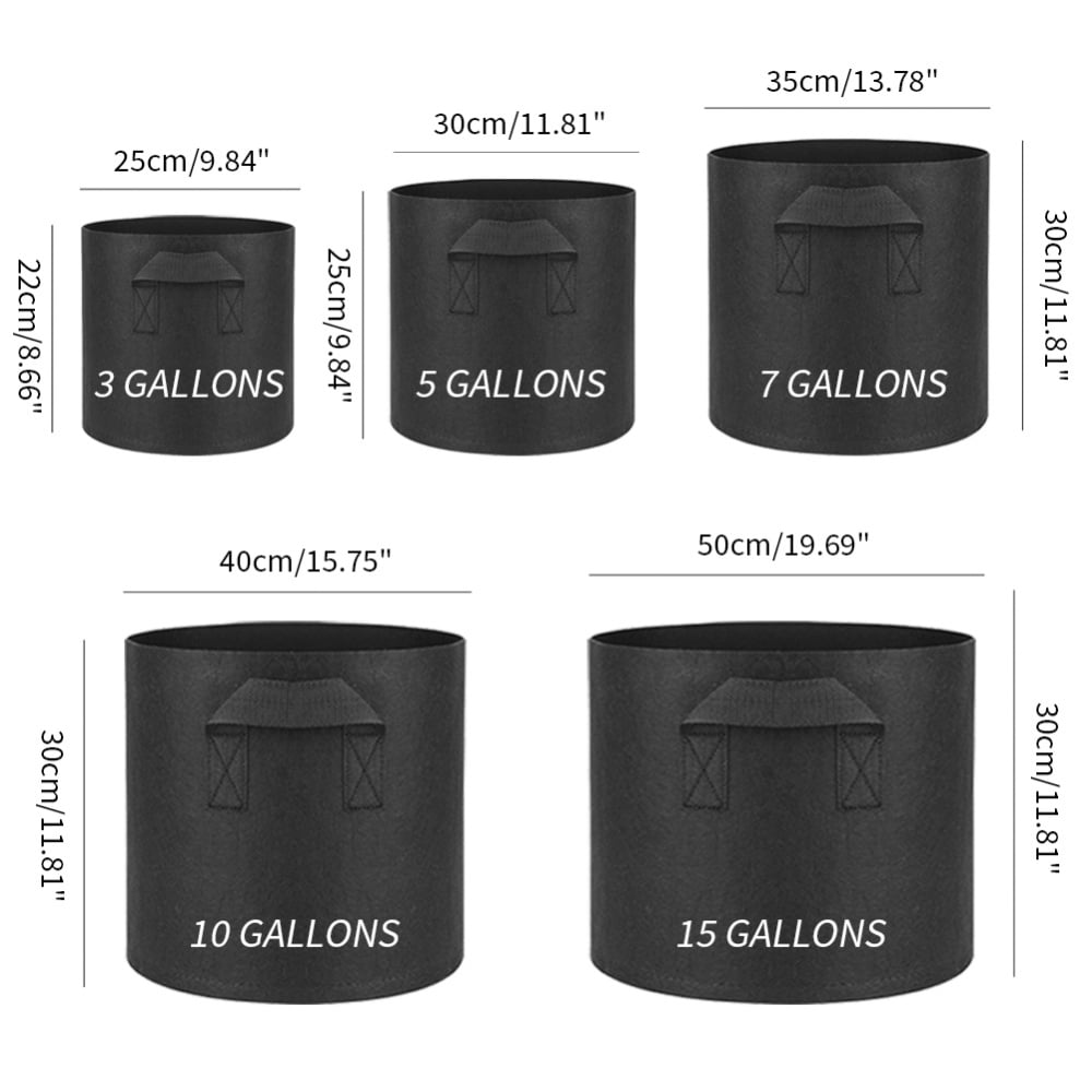 3 Gallon Grow Bags 5-Pack Black Thickened Nonwoven Fabric Pots with Handles, Multi-Purpose Rings