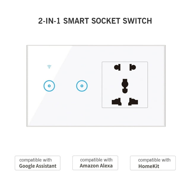 walmeck 95- Wi-Fi Smart Wall Outlet with 2 Gang Touch Light Switch Smart Life APP Remote Control, Voice Control, Touch Control Compatible with Assistant Wi-Fi Smart Switch Plug Outlet Universal Pl