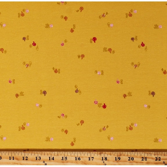 Knit Mushrooms Forest Woodland Hidden Canyon Yellow 58" Wide Cotton/Spandex Fabric by the Yard (WELD-19995-125)